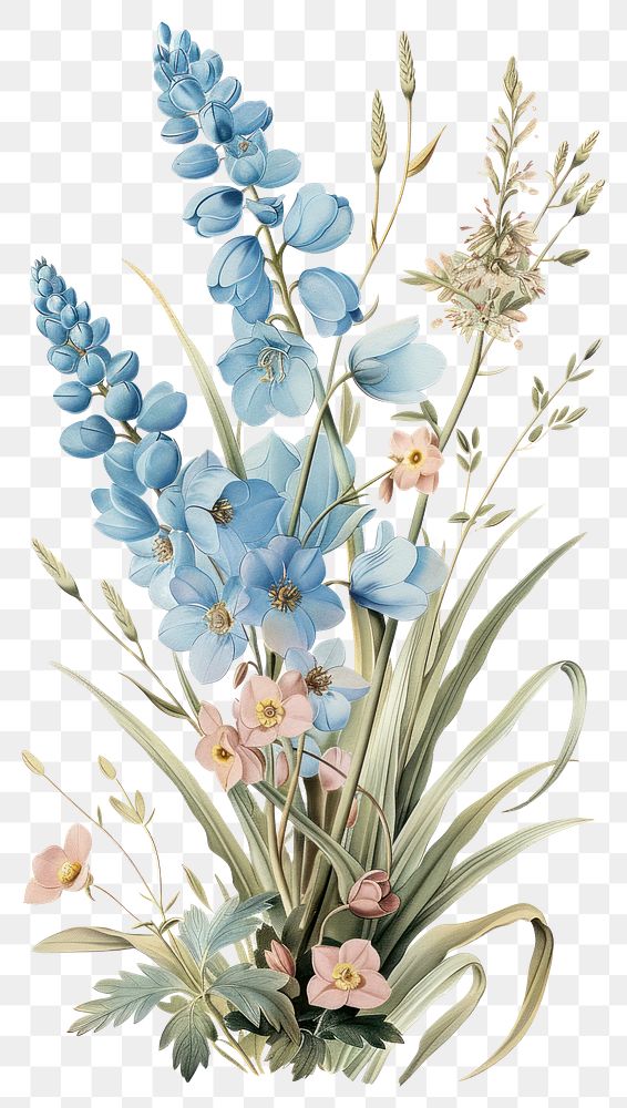 PNG Vintage illustration of blue flowers art botanical painting.