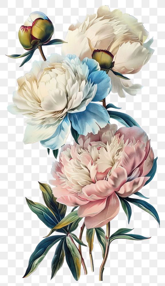 PNG Vintage illustration of peony flowers art botanical painting.