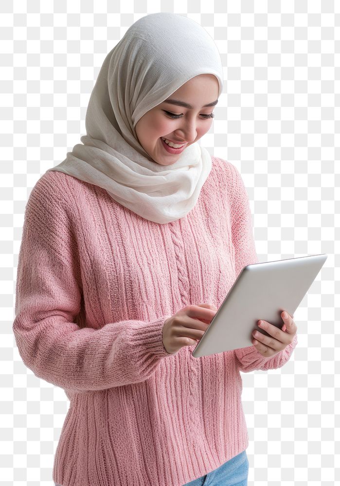 PNG Young adult Muslim woman tap on tablet sweater background hijab.