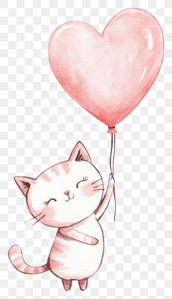 PNG A cute cat in pink holding heart-shaped balloon illustration illustrated whimsical.