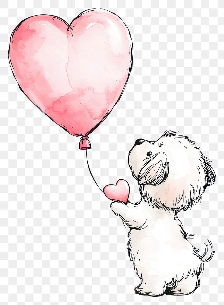 PNG A cute dog in pink holding heart-shaped balloon illustration wildlife romantic.