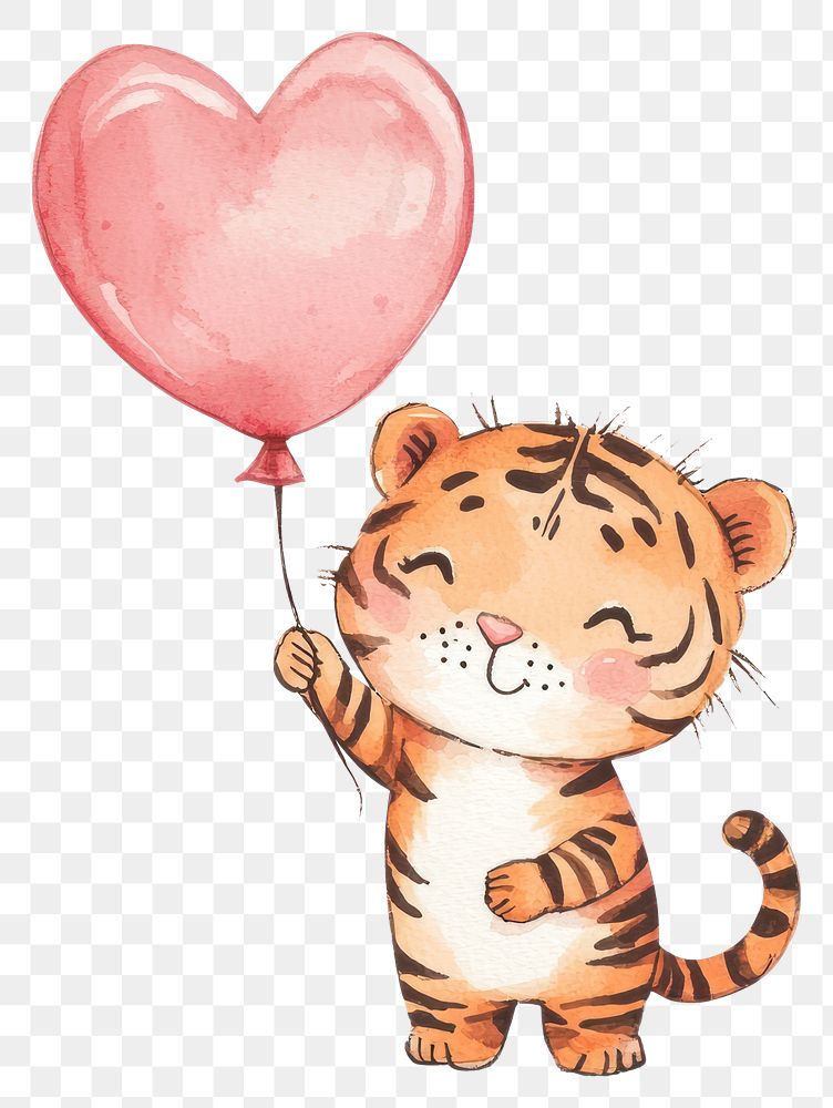 PNG A cute tiger in pink holding heart-shaped balloon watercolor animal illustration.