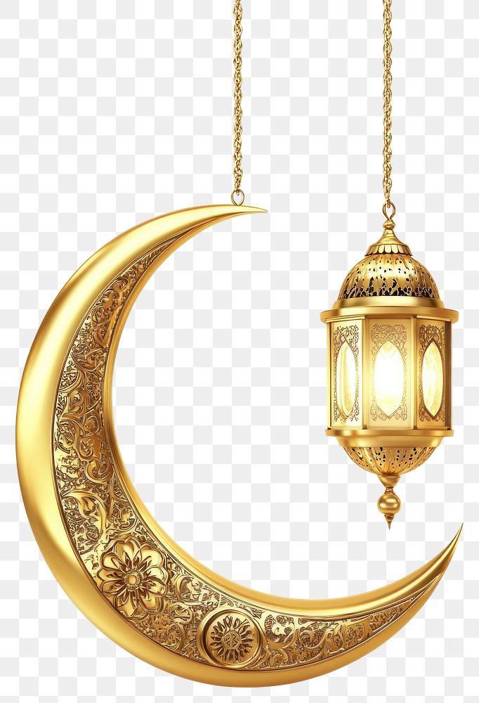 PNG Moon and two hanging lanterns gold crescent islamic.