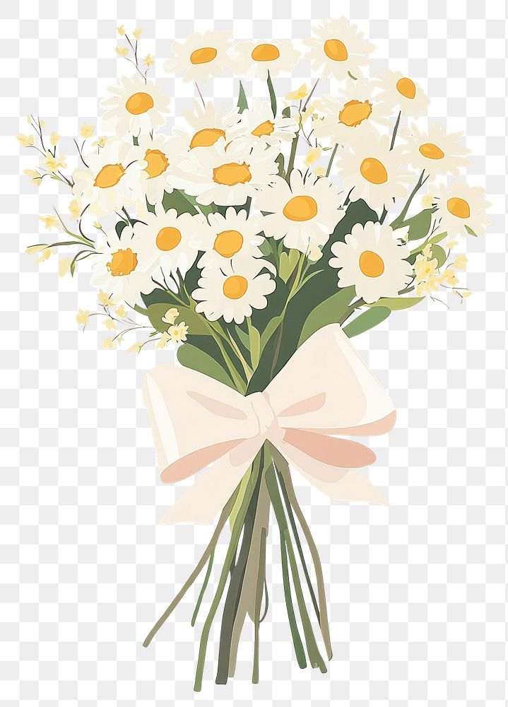 PNG Wedding daisies flowers bouquet with paper wrap and bow tired daisy art illustration.