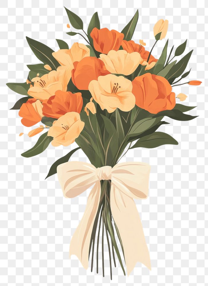 PNG Wedding orange flowers bouquet bow tired art illustration white.