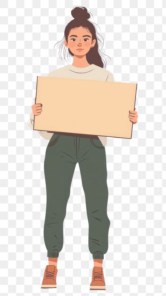 PNG Young woman holding empty wood board illustration cardboard sign.