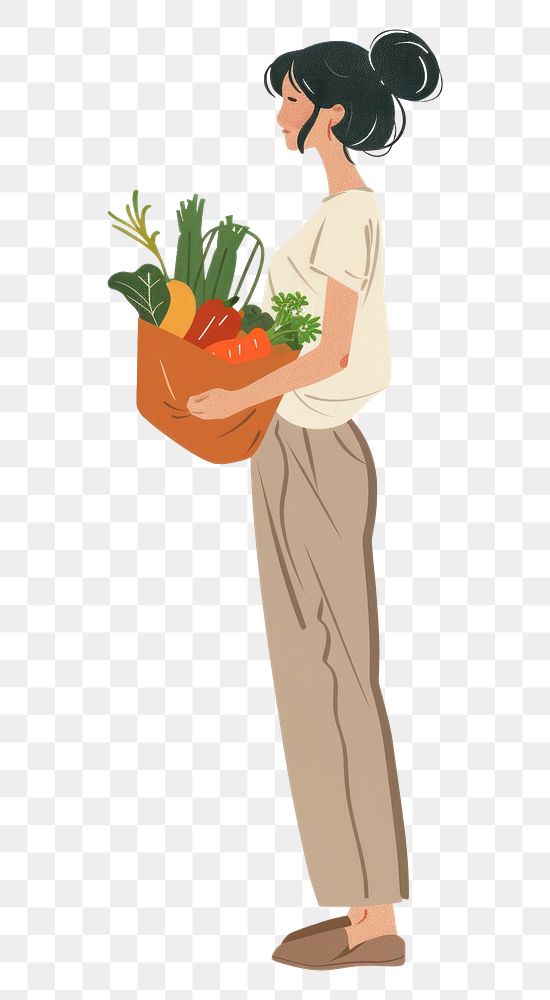 PNG Woman holding vegetables bag illustration minimalist side.