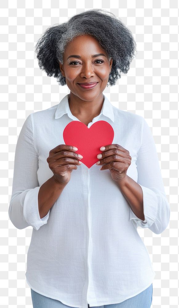 PNG Happy mature black woman holding a heart paper shape background person white.