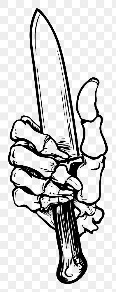 PNG Skeleton hand holding knife illustration black white.