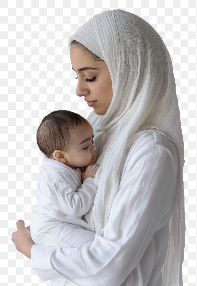 PNG Muslim mother holding newborn photo face baby.