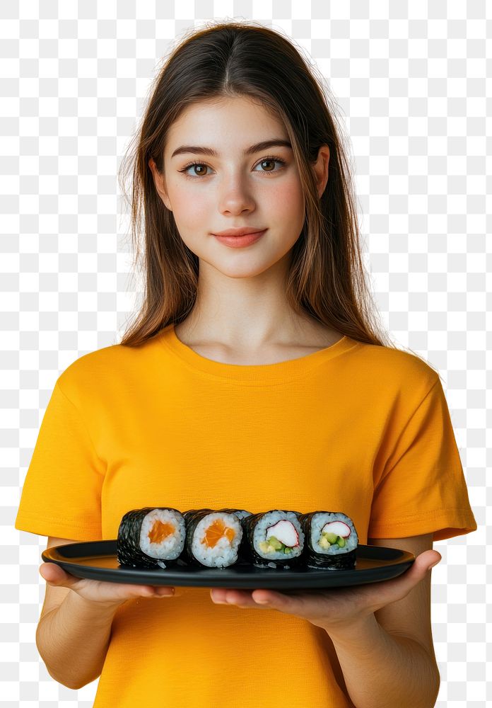 PNG Makizushi sushi roll Young brunette woman girl plate food.