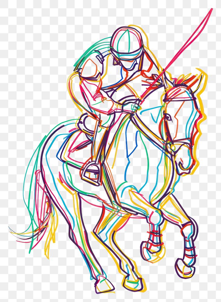 PNG Line drawing horse riding player art colorful lines.