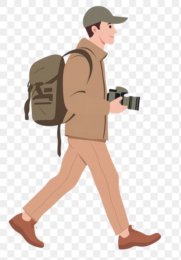 PNG Man walking holding camera illustration photography backpack.