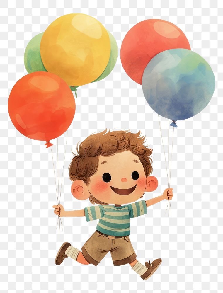 PNG Happy kid holding balloons illustration children's style.