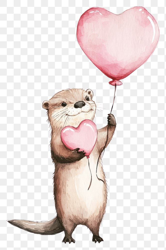 PNG A cute otter in pink holding heart-shaped balloon watercolor animal style.