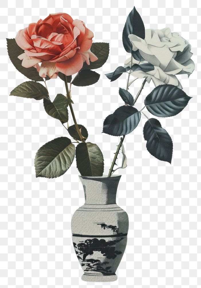 PNG Flower vase retro paper collage flowers rose art.