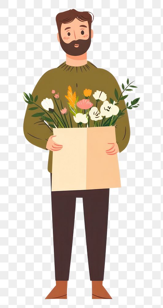 PNG A man holds a paper bag of flowers illustration arrangement cardboard.