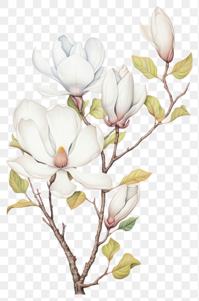 PNG White Magnolia branch drawing art illustration.