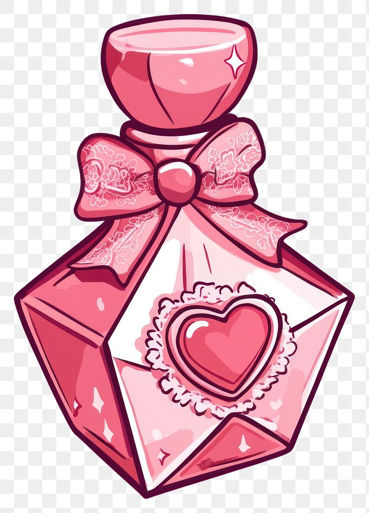 PNG A cute pink star crystal shape perfume bottle with a lace bow and heart on the front illustration cosmetics packaging.