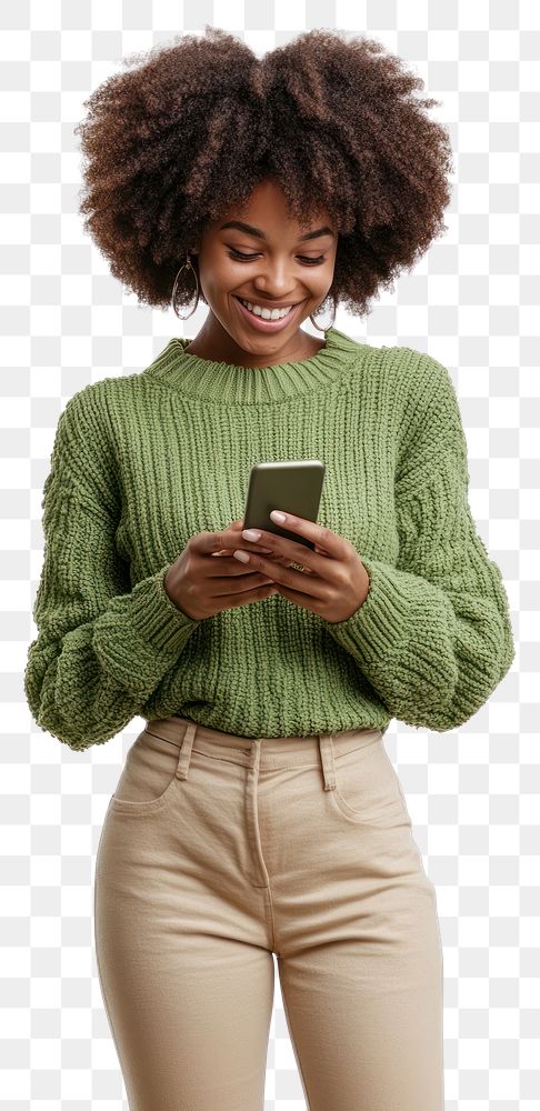 PNG Black woman looking at phone sweater background green.