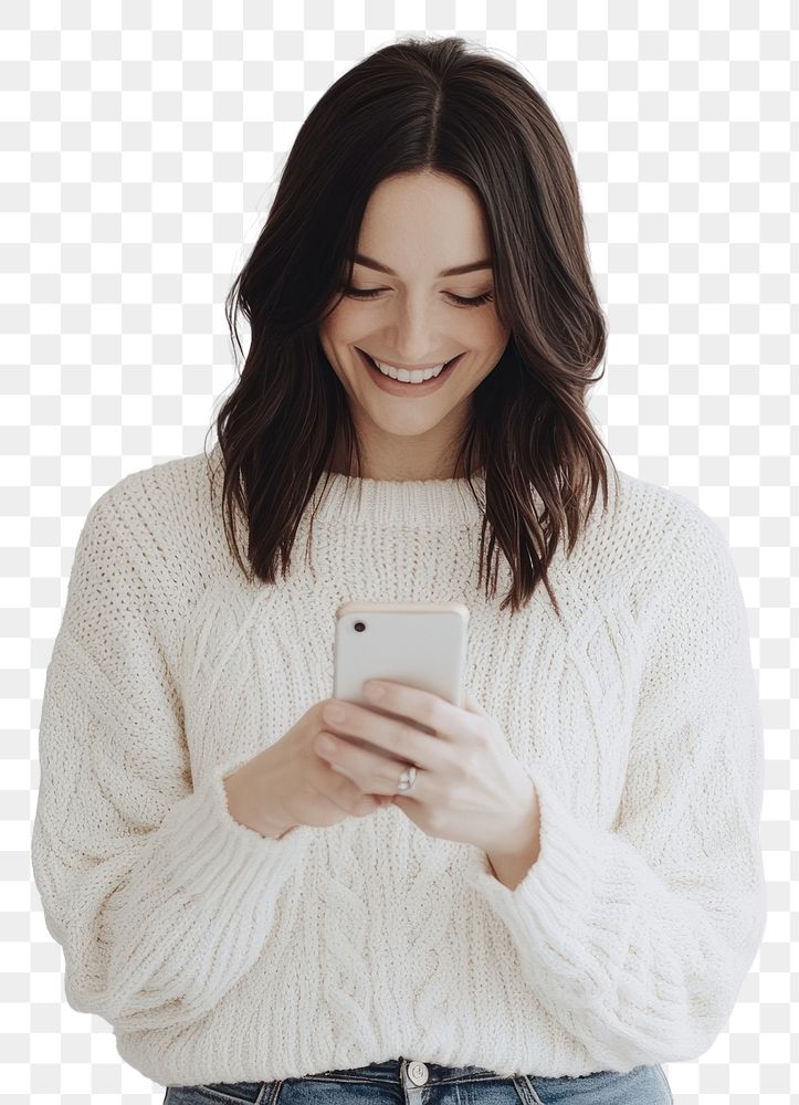 PNG Woman in her late thirties with dark hair sweater expression smiling.