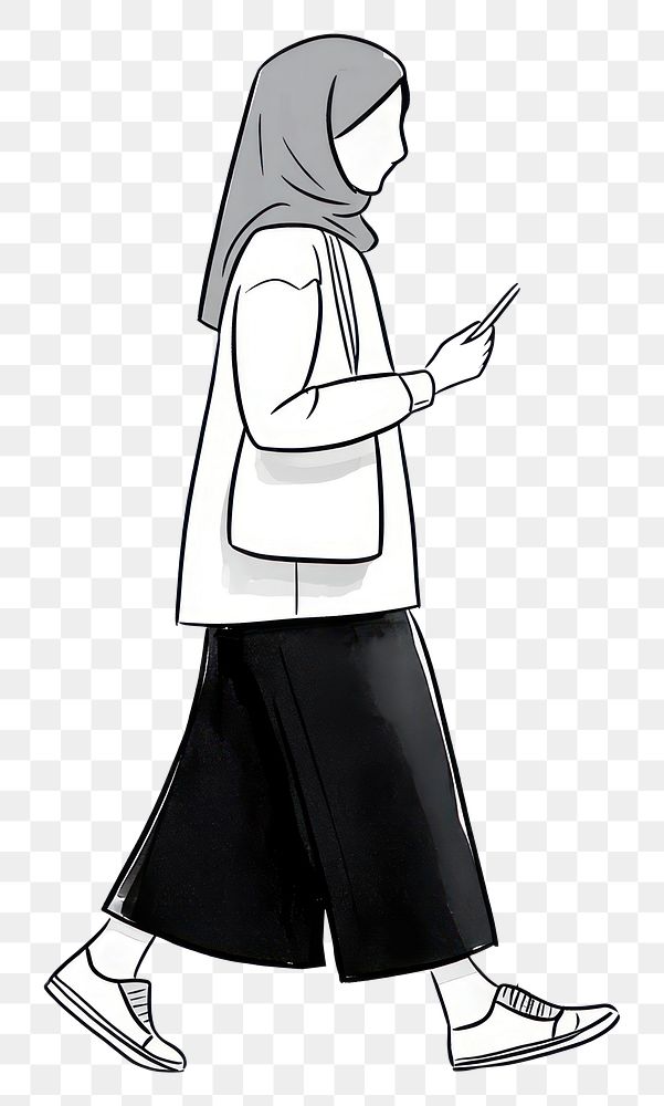 PNG Woman with gray hijab walking phone art illustration.