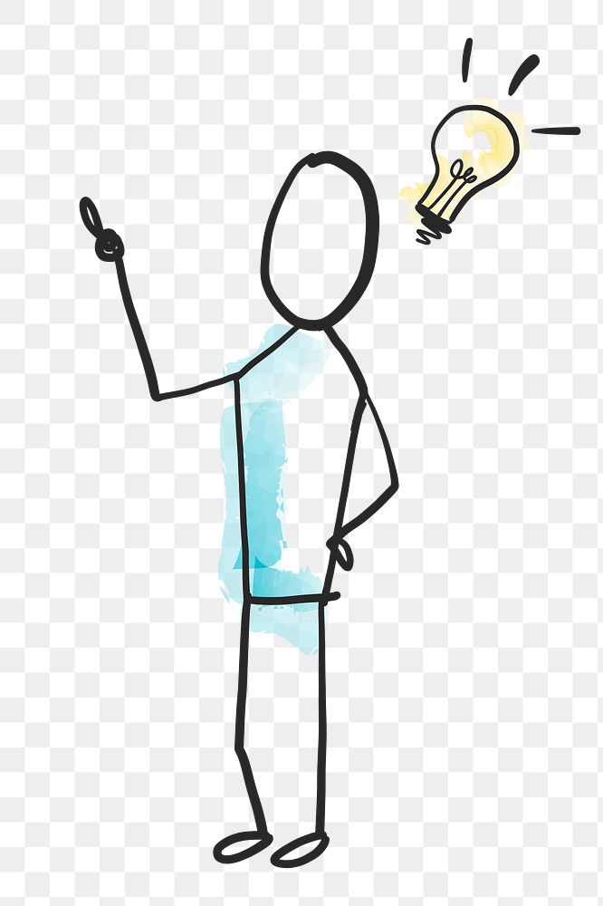 New idea png, cartoon person with light bulb doodle in transparent background