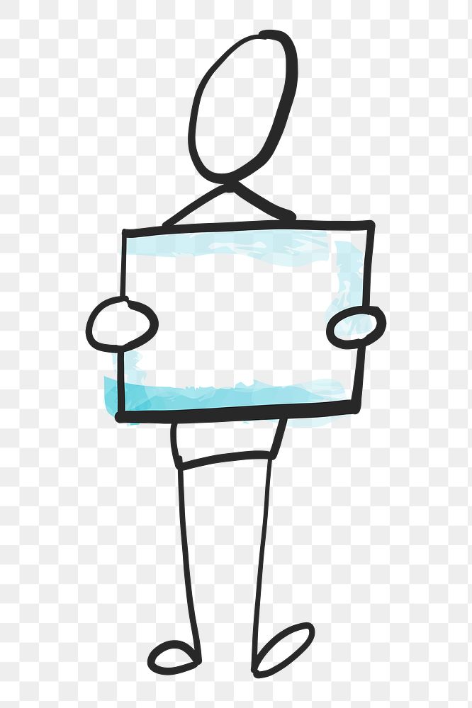 PNG man holding empty sign, cartoon doodle, blank space placard in transparent background