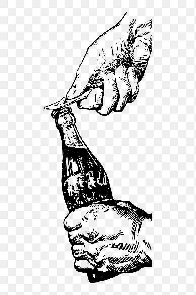 Png hand opening bottle sticker, vintage beverage illustration on transparent background. Free public domain CC0 image.