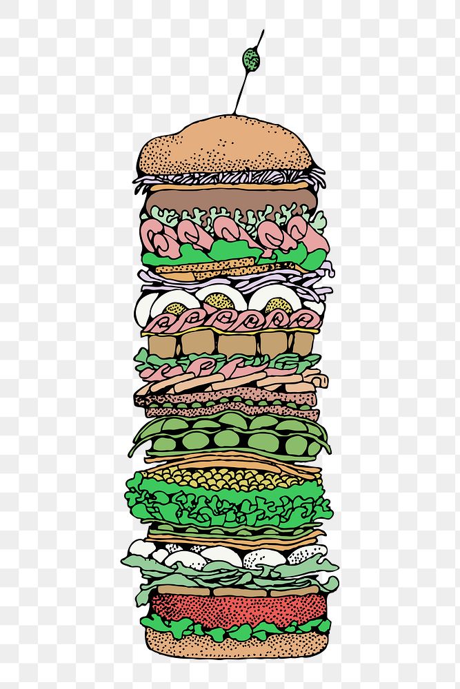 Giant sandwich png sticker, food illustration on transparent background. Free public domain CC0 image.