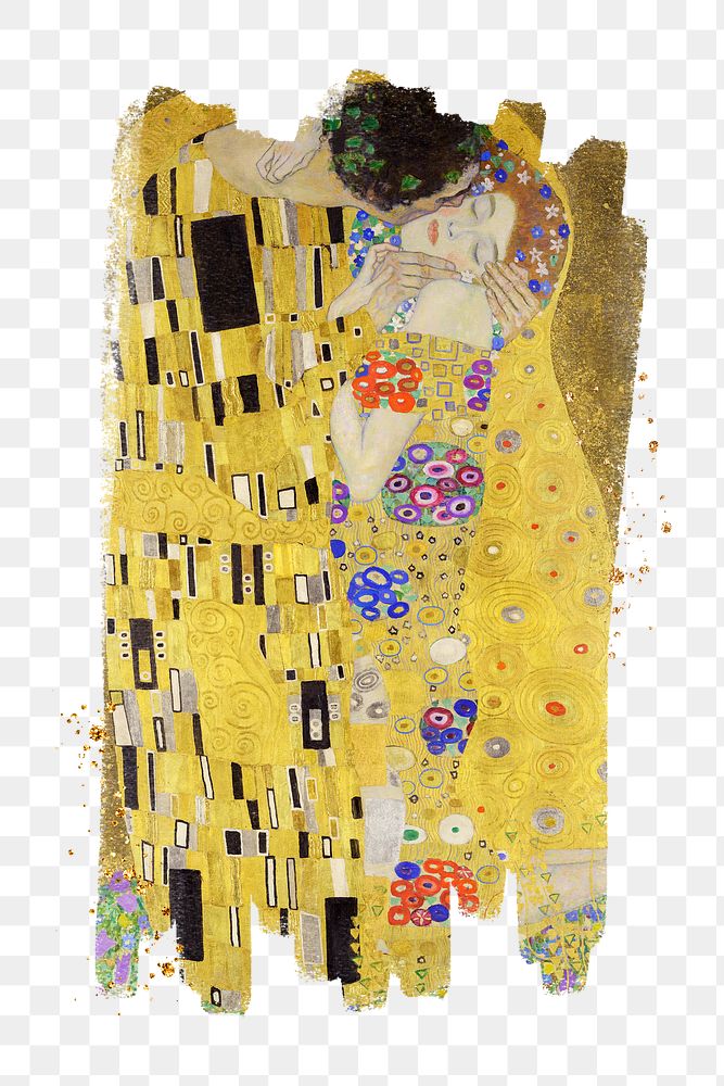 The Kiss png, brush stroke reveal sticker, famous painting by Gustav Klimt, remixed by rawpixel
