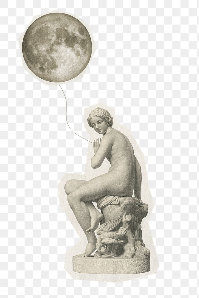 Statue and moon png sticker, surreal design mixed media transparent background