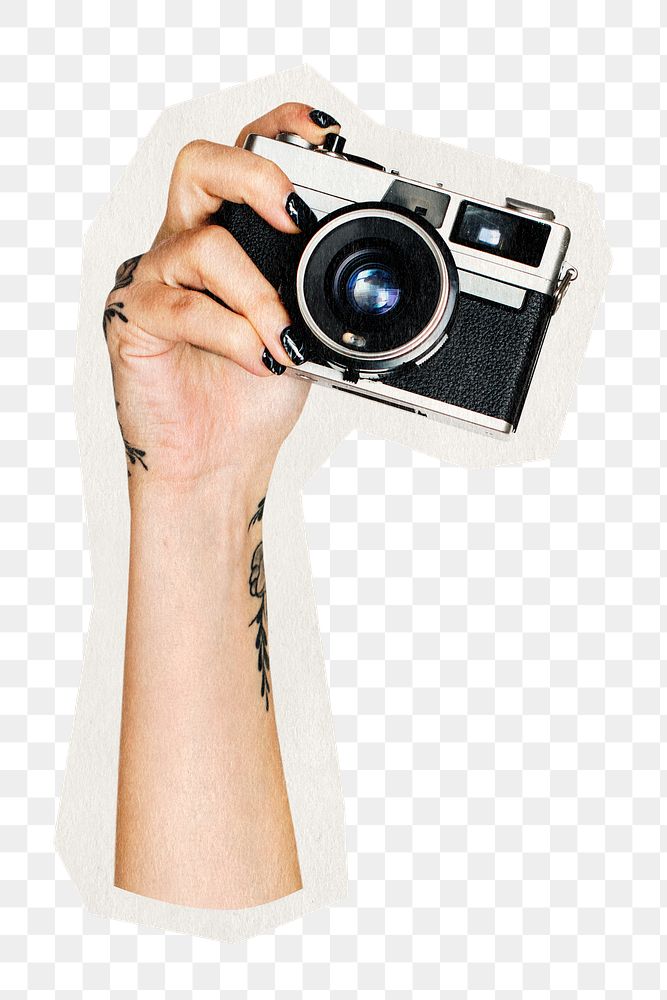 Png camera in hands  sticker, hobby rough cut paper effect, transparent background