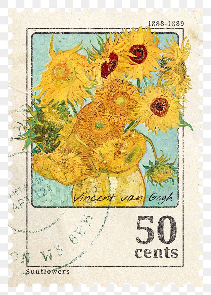 Png sunflower, Van Gogh, stamp sticker, transparent background, remixed by rawpixel 