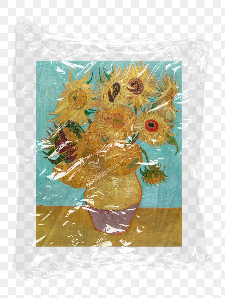 Png Van Gogh's sunflower artwork, plastic packaging, transparent background, remixed by rawpixel