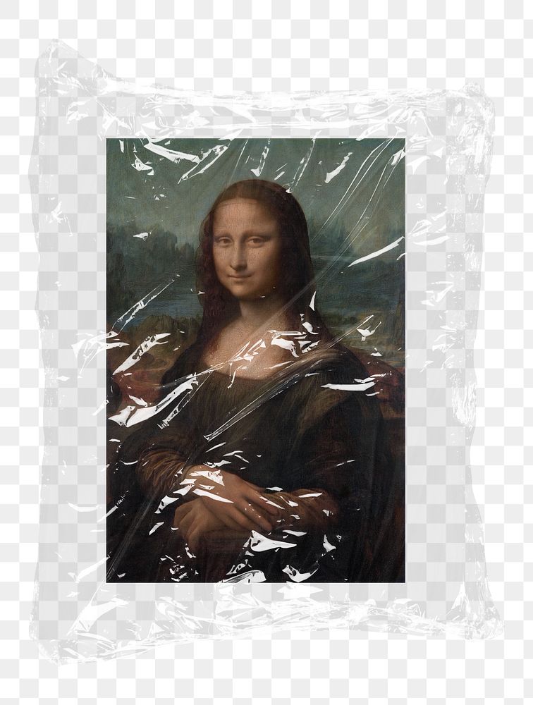 Mona Lisa png plastic packaging sticker, transparent background, remixed by rawpixel