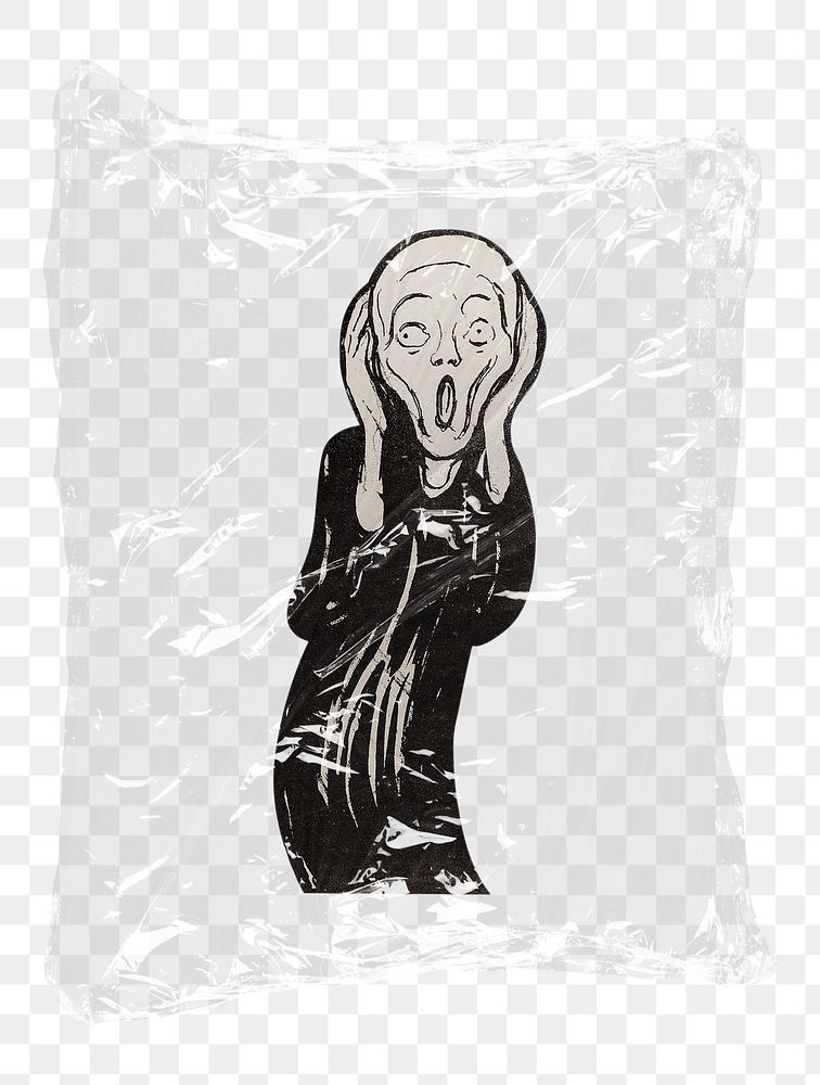 The Scream artwork png plastic packaging sticker, transparent background, remixed by rawpixel
