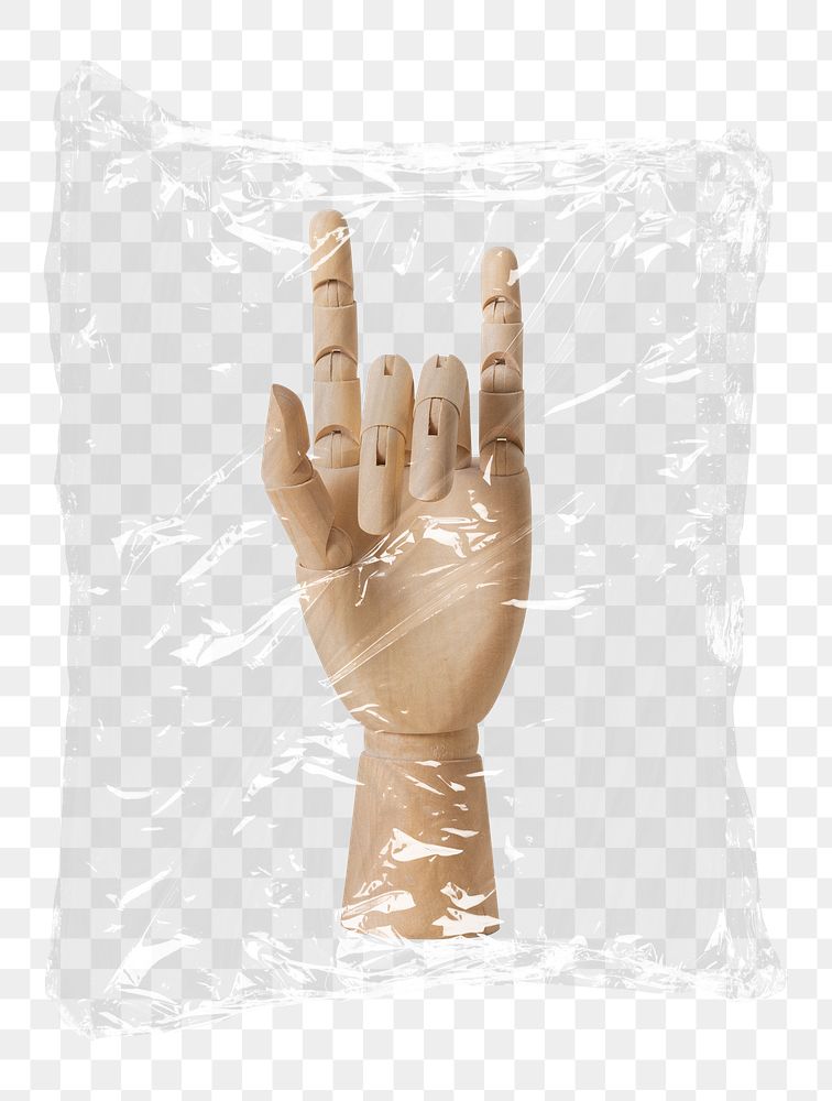 Wooden hand png plastic packaging sticker, transparent background