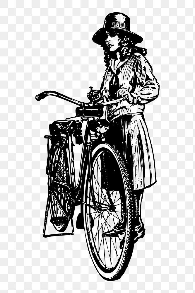 Lady with bicycle png sticker, vintage vehicle illustration on transparent background. Free public domain CC0 image.