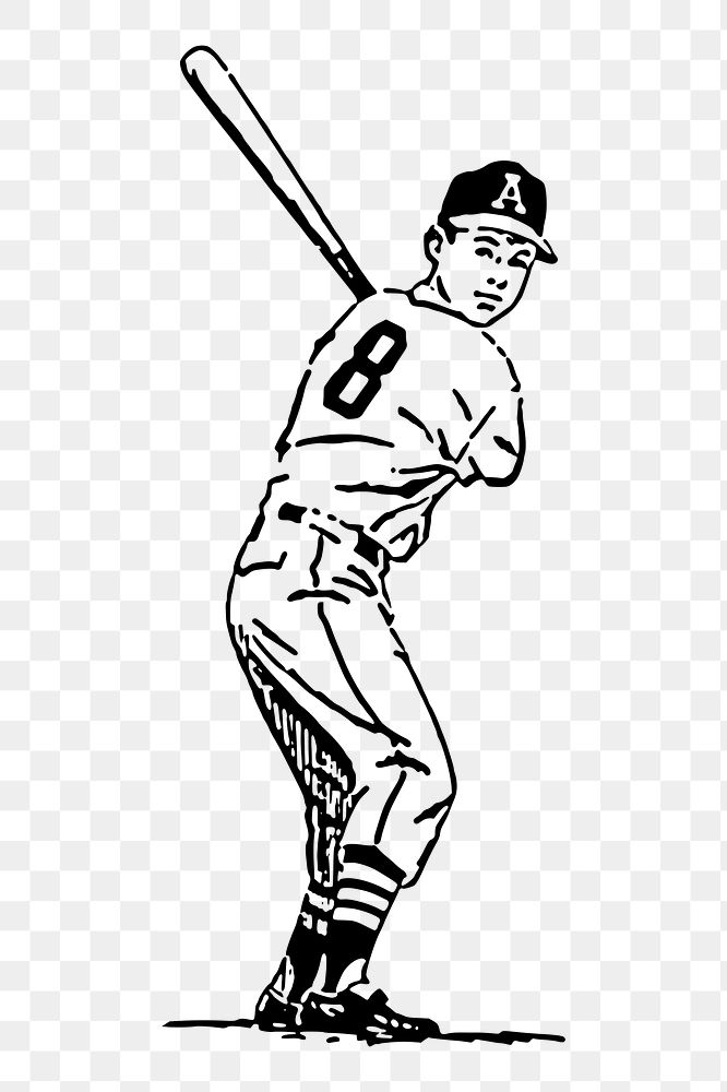 Baseball player png sticker vintage sports illustration, transparent background. Free public domain CC0 image.
