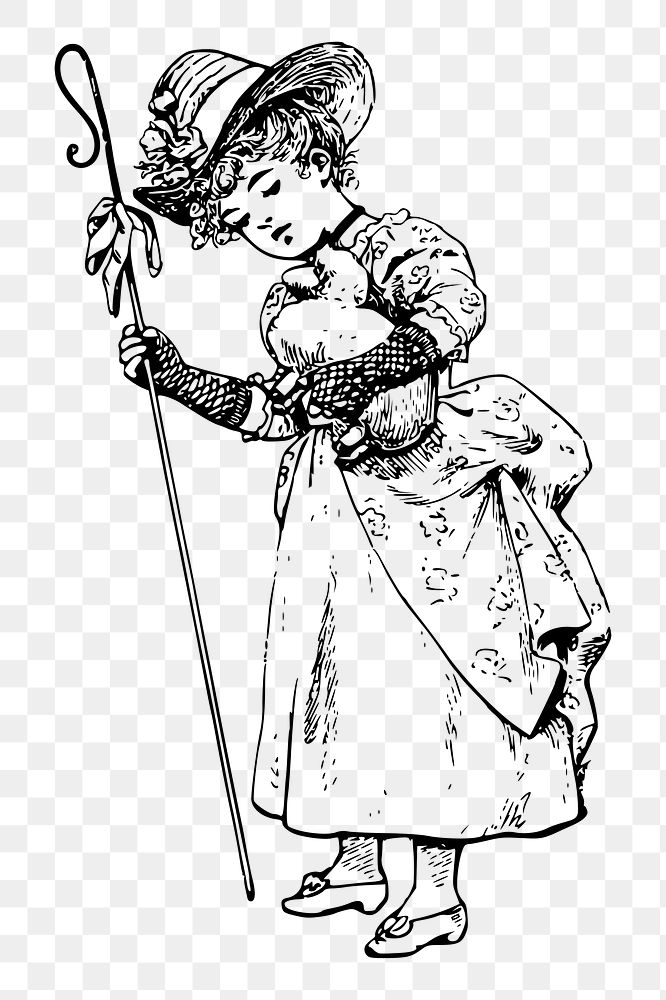 Vintage girl png sticker kid holding staff illustration, transparent background. Free public domain CC0 image.