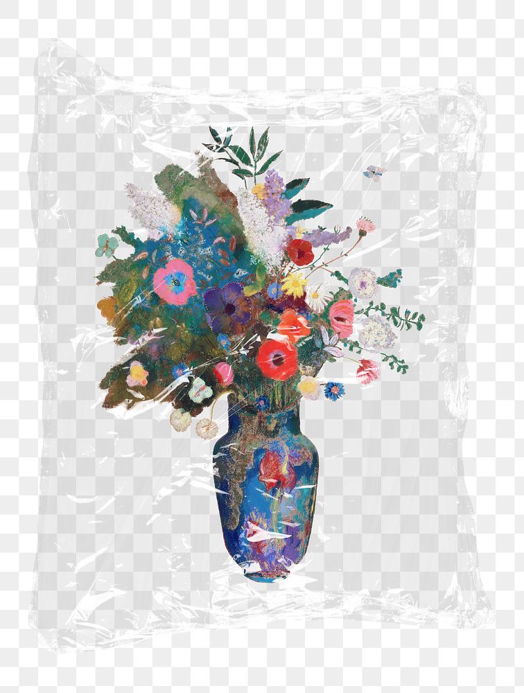 Flower vase png plastic bag sticker, aesthetic concept art on transparent background
