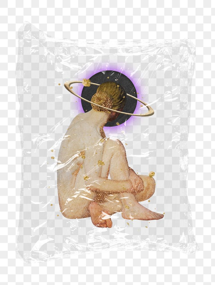 Naked woman png with halo plastic bag sticker, aesthetic concept art on transparent background