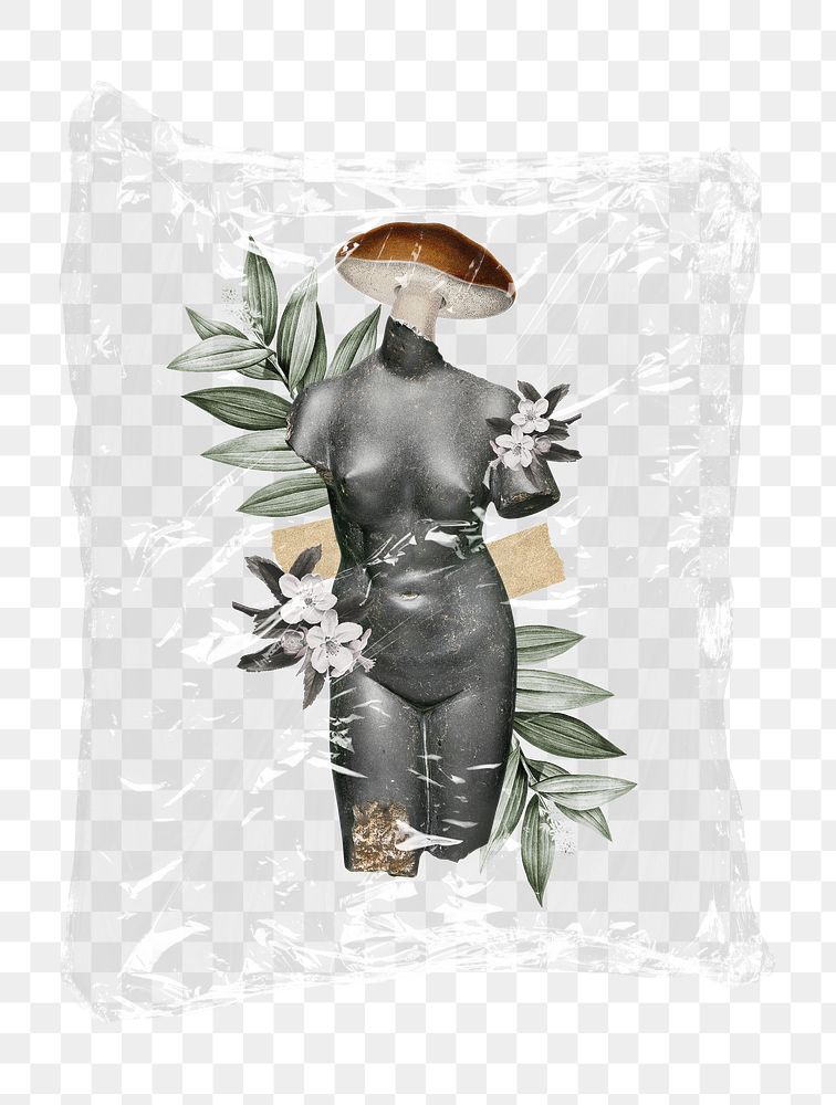 Png floral nude woman statue plastic bag sticker, collage concept art on transparent background