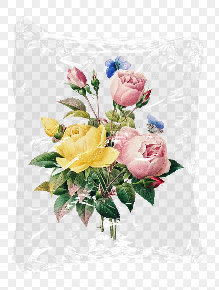Rose flower png bouquet plastic bag sticker, Spring concept art on transparent background