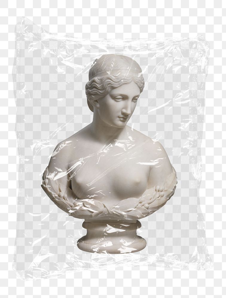 Nude  Greek png goddess statue plastic bag sticker, mythology concept art on transparent background