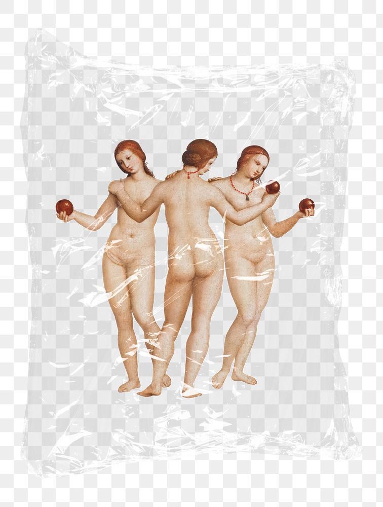 Three Graces png plastic bag sticker, painting by Peter Paul Rubens and Raphael concept art on transparent background…