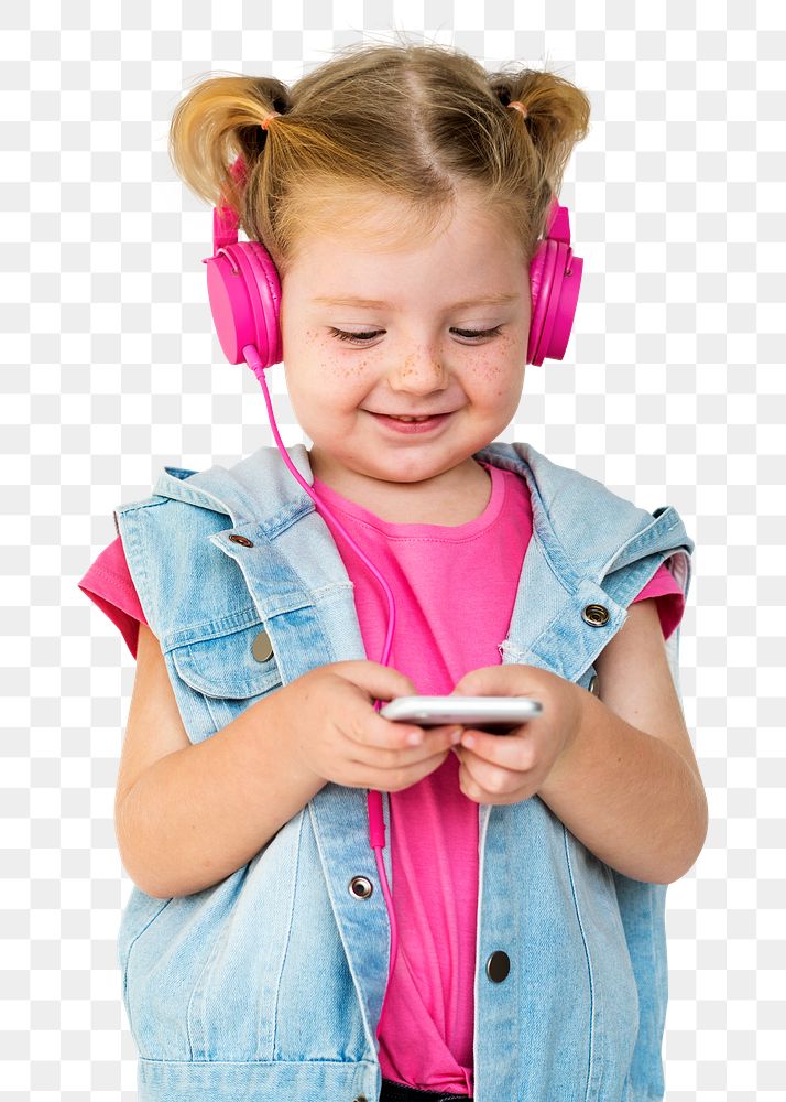 Png little girl streaming music sticker, transparent background