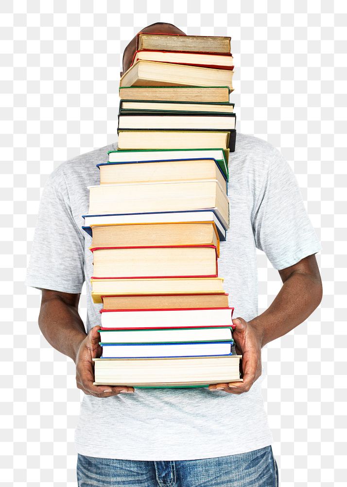 Png man carrying books sticker, education transparent background