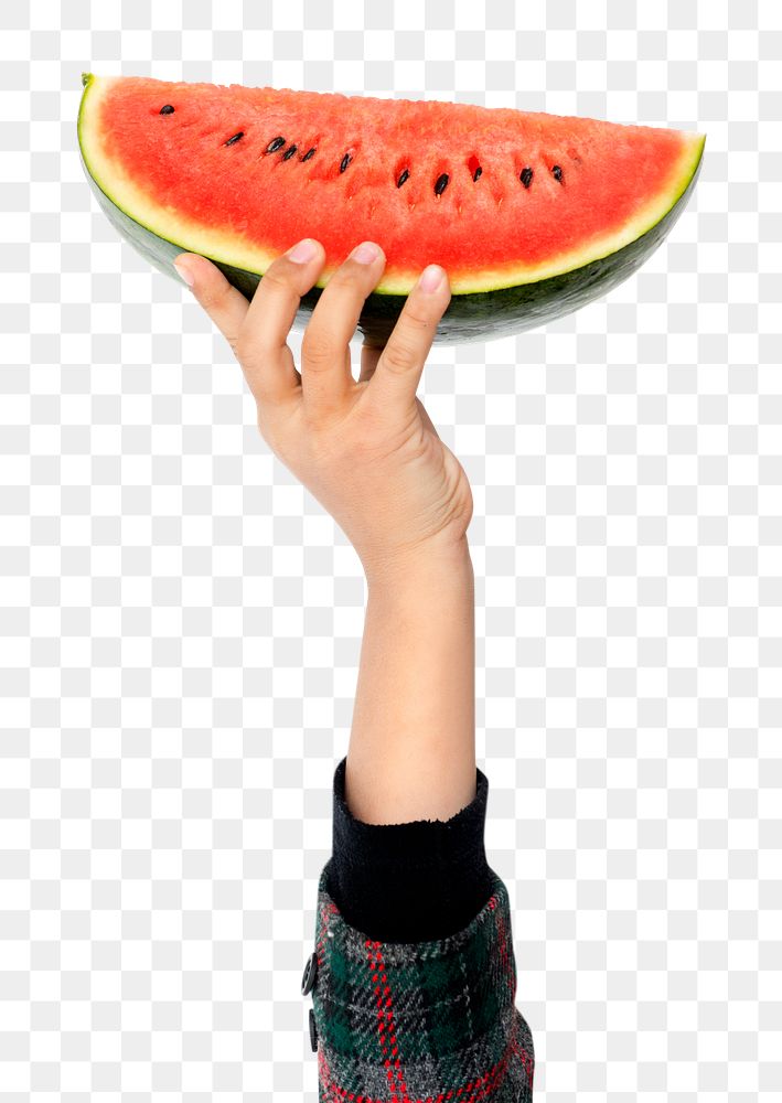 Hand holding watermelon png sticker, transparent background